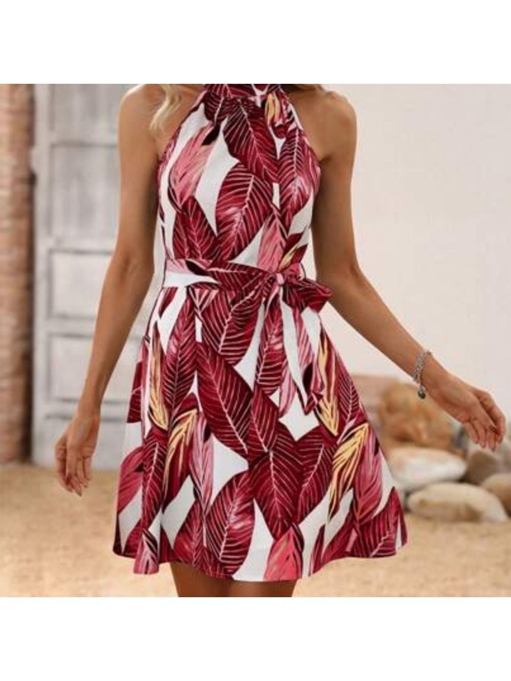 Shein tropical vacation print belted halter dress. Size XL EUC